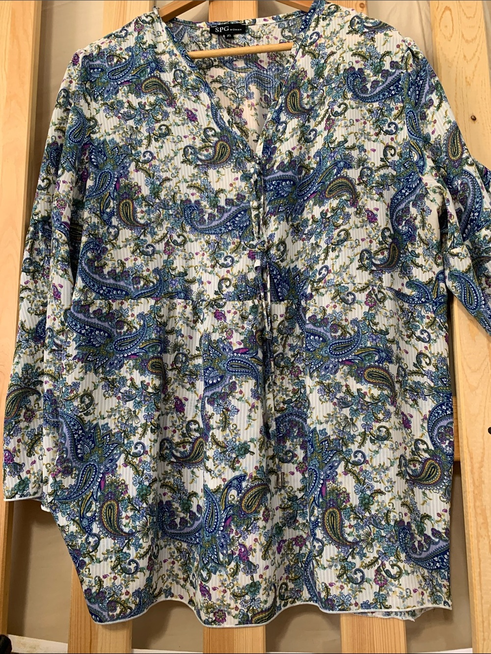 Paisley V-Neck Blouse in White and Blue